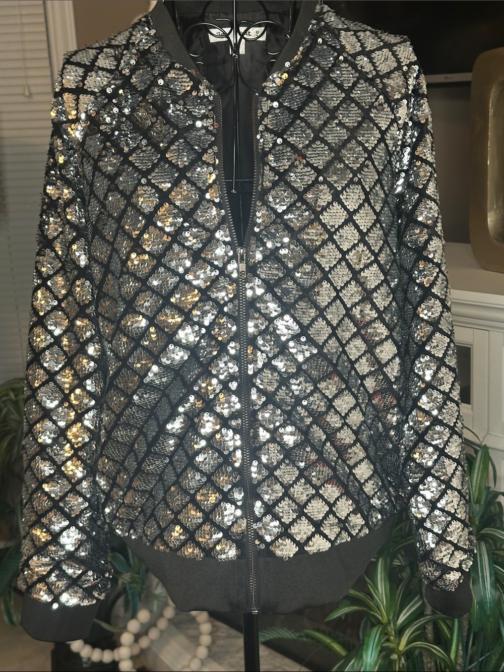 Say What? Silver Sequin Diamond-Grid Bomber Jacket with Black Trim
